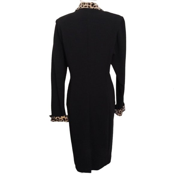 Vtg 80s Jessica Howard Black Coat Dress Size 16 Stretch Zip Front Leopard Trim - Picture 3 of 5